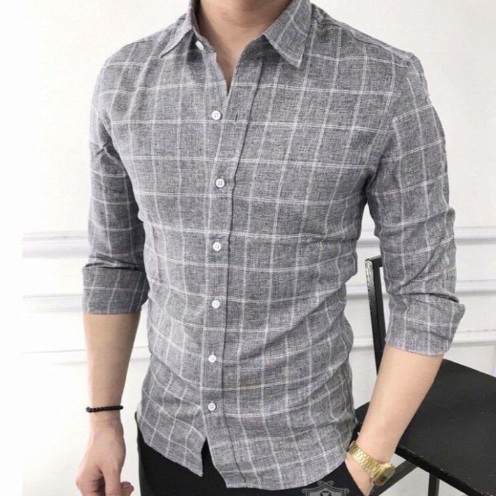 Áo sơ mi nam kẻ caro dài tay chất đũi màu Ghi Xám vải bền thoáng mát bền đẹp | BigBuy360 - bigbuy360.vn