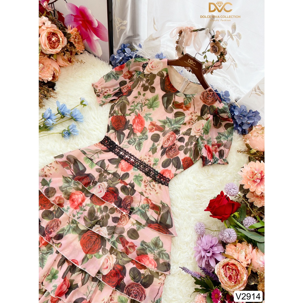 VÁY HOA HỒNG PHỐI 5 TẦNG BÈO V2914 -DOLCE VIVA COLLECTION