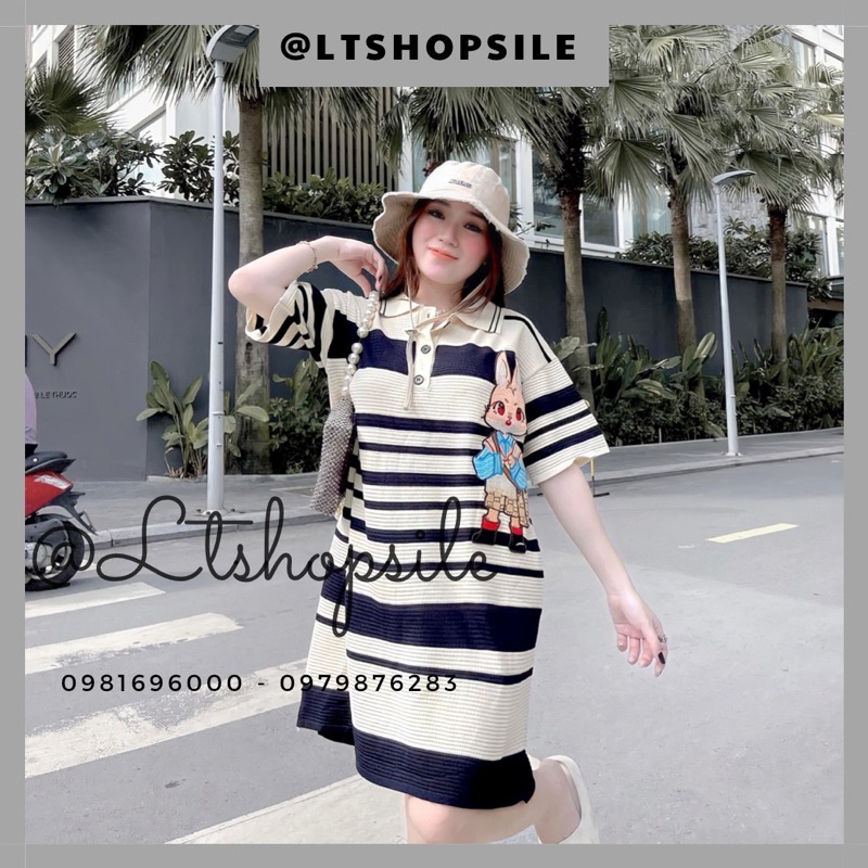 Váy len thỏ tai dài cổ bẻ dáng xuông, kẻ ngang siêu hot 067