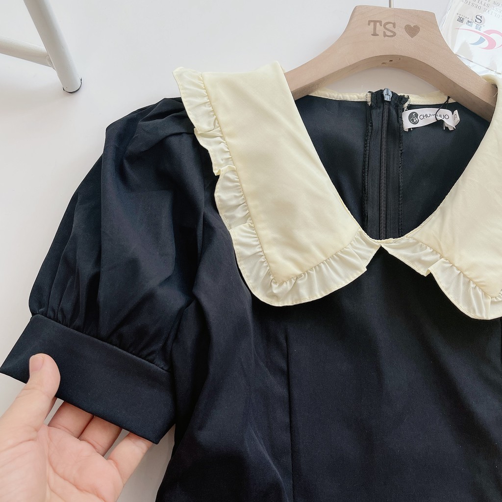 VÁY KAKI DÁNG A SIÊU GỌN MIX CỔ BÈO TIỂU THƯ DK153 | BigBuy360 - bigbuy360.vn