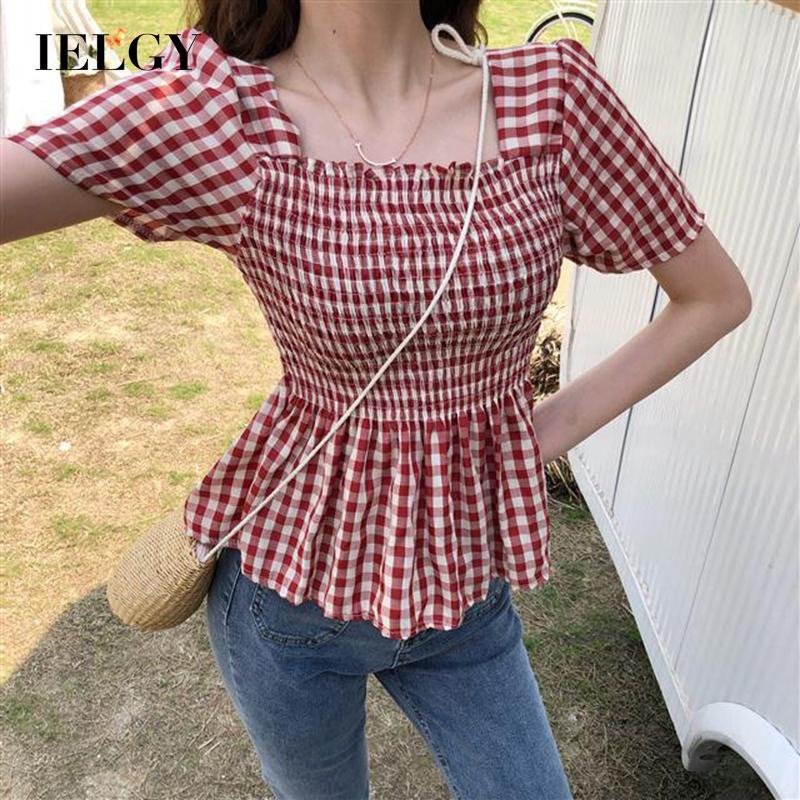 Áo sơ mi IELGY cổ vuông họa tiết sọc caro phong cách retro Hong Kong độc đáo