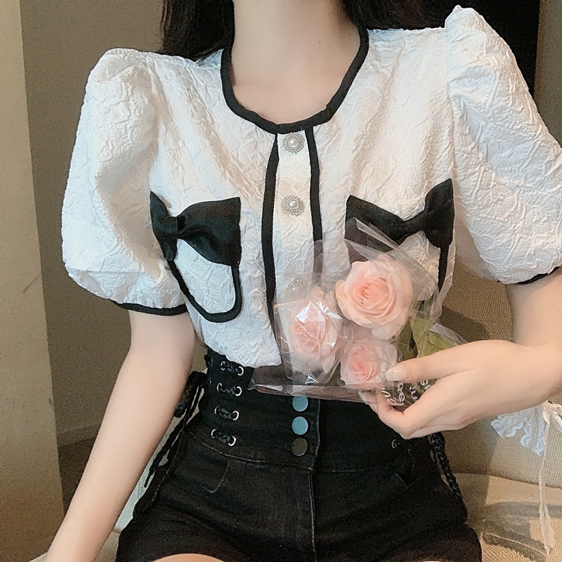 Retro Contrast Color Bow Puff Sleeve Shirt Women+Design Sense High Waist with Straps Denim Shorts Super Popular Suit Summer WTEM