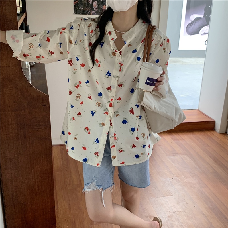 SUXI Áo Kiểu Tay Dài Hoạ Tiết Hoa Phong Cách Hàn Quốc Dành Cho Nữ