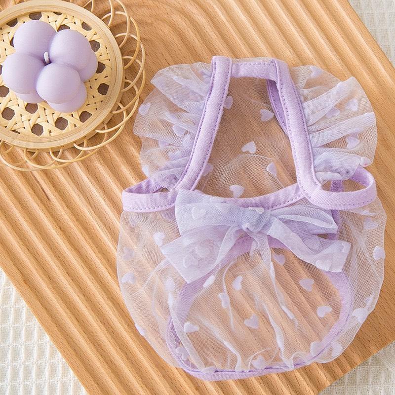 DP163 - áo lưới màu tím có chiếc nơ xinh xắn cho chó mèo, quần áo thú cưng