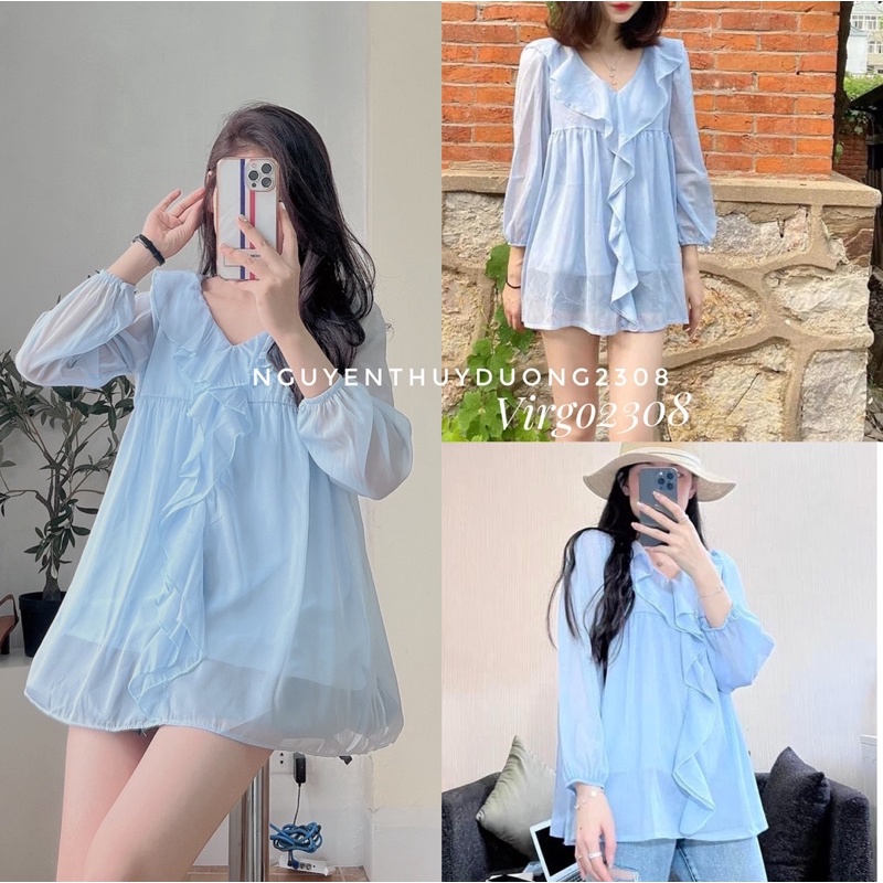 ÁO SƠMI VOAN TƠ CỔ BÈO XANH PASTEL tiểu thư