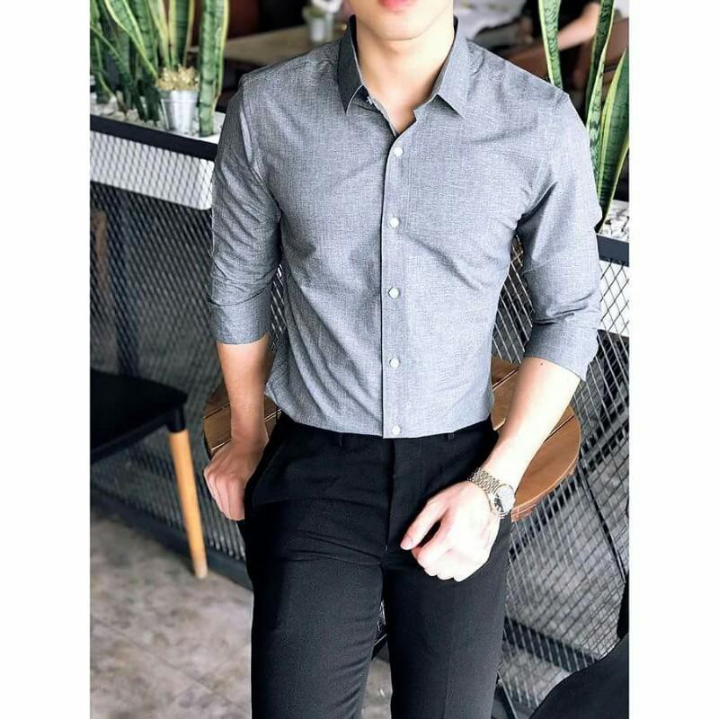 Áo sơ mi dài tay nam màu xám chất cotton form ôm nhẹ thích hợp nhiều lứa tuổi
