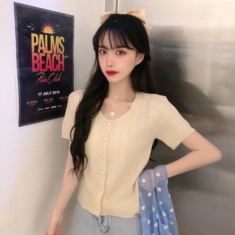 Áo Croptop Dệt Kim Ngắn Tay Dễ Phối Đồ