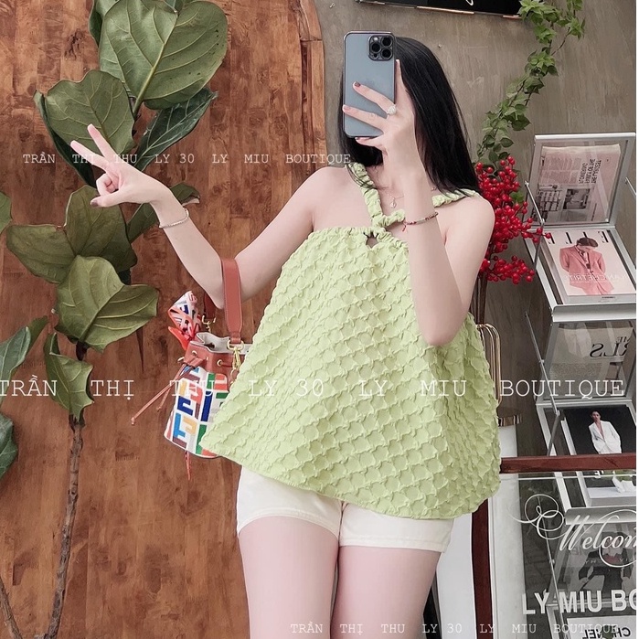 Set yếm xanh cốm xốp nổi cao cấp quần short BN644