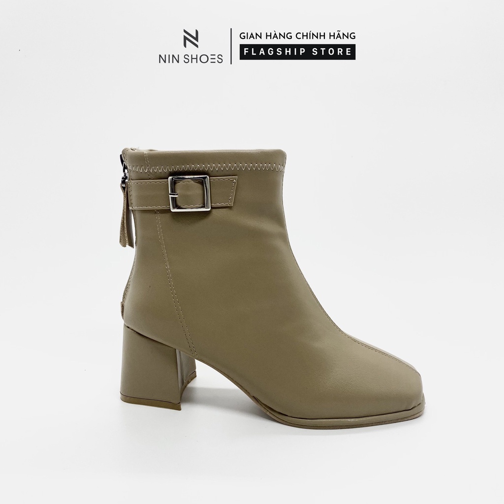 Giày Boot nữ 5p gót vuông khoá hông kéo khoá sau da si Ninshoes | WebRaoVat - webraovat.net.vn