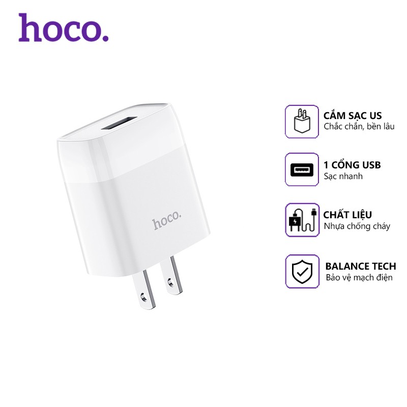 Cóc sạc nhanh Hoco C72 1 cổng USB 2.1A, nhựa ABS, tương thích nhiều thiết bị