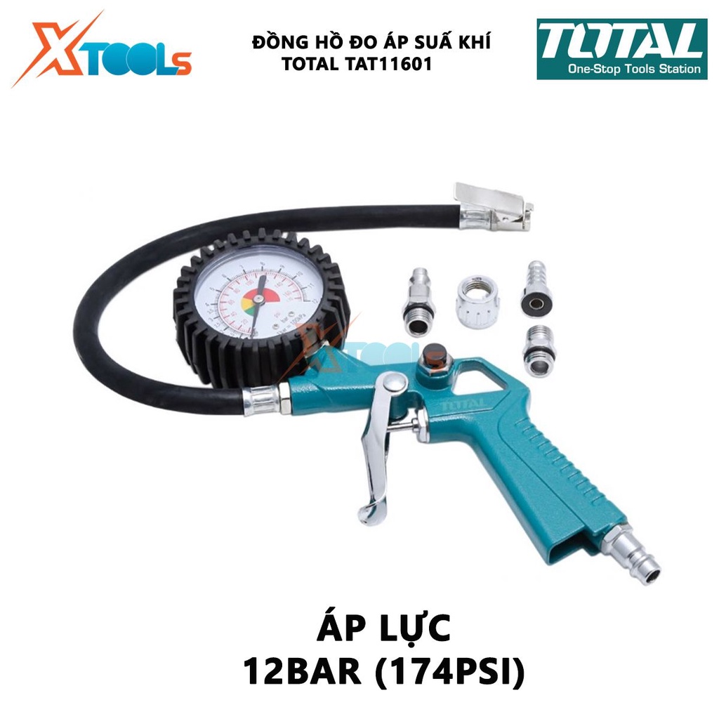 Đồng hồ đo áp suất khí Total TAT11601 Dụng cụ bơm hơi khí có đồng hồ Áp lực 12bar(174psi) Chiều dài vòi 350mm