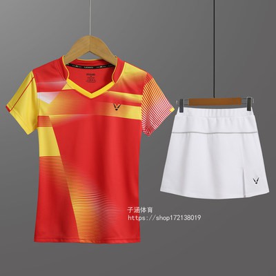 Bộ quần áo polo nam nữ ngắn tay váy ngắn Quần áo bóng bàn trẻ em quần áo thể thao quần vợt cổ tròn nhanh khô in chữ