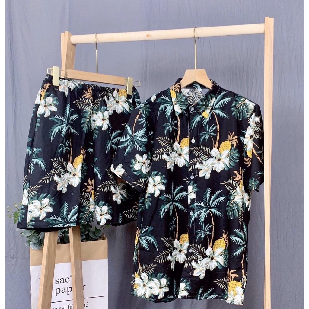 45kg-100kg Set Đồ Bộ Hawaii Họa Tiết Thơm Dừa Mùa Hè