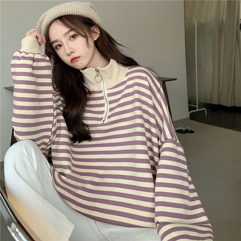 Áo sweater tay dài cổ bẻ kẻ sọc caro phối khóa kéo kiểu Hàn Quốc cá tính | BigBuy360 - bigbuy360.vn