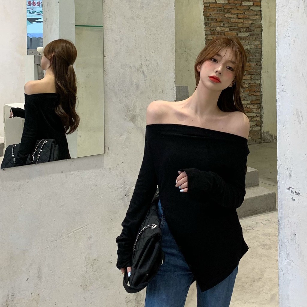 Áo thun tay dài dáng ôm hở vai thời trang Hàn Quốc sành điệu cho nữ