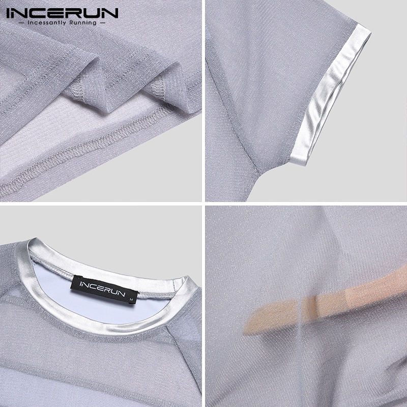 Áo Lưới INCERUN Cổ Tròn Ngắn Tay Vải Sáng Bóng Mềm Mại Xuyên Thấu Thời Trang Mùa Hè Cho Nam