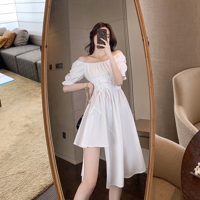 Váy Nữ Dáng Xòe Xẻ Chân Thắt Nơ Eo Tiểu Thư, Đầm Dài Cổ Vuông Tay Bồng Đen Trắng Bánh Bèo Nữ Tính