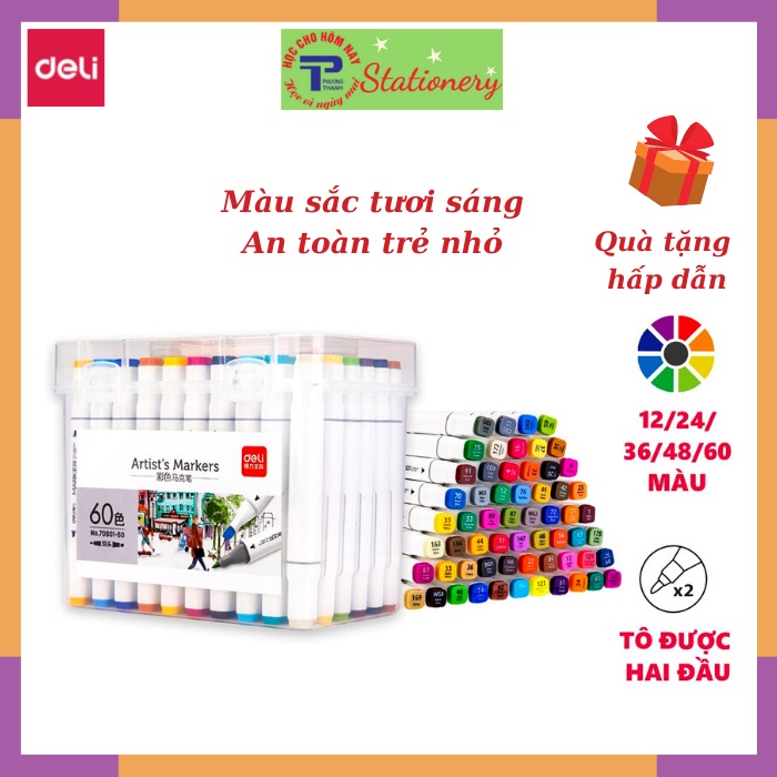 Bút dạ màu marker hai đầu Deli cao cấp hộp nhựa 12/24/36/48/72 màu- 70801