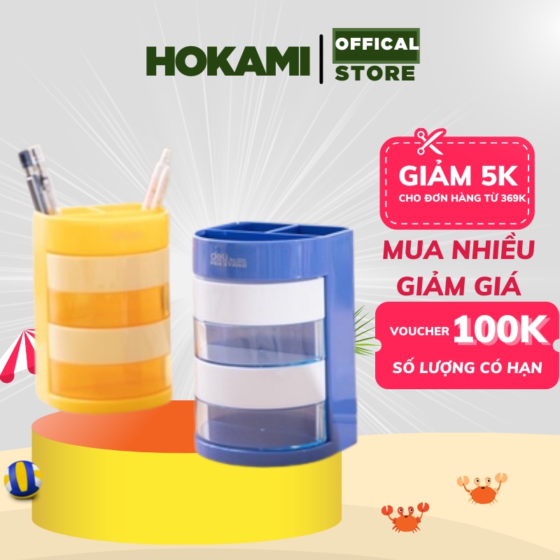 Ống cắm bút 4 ngăn Deli - hộp đựng bút để bàn  - Màu Xanh dương/vàng dùng trong văn phòng 1 chiếc - E904 - HOKAMI STORE