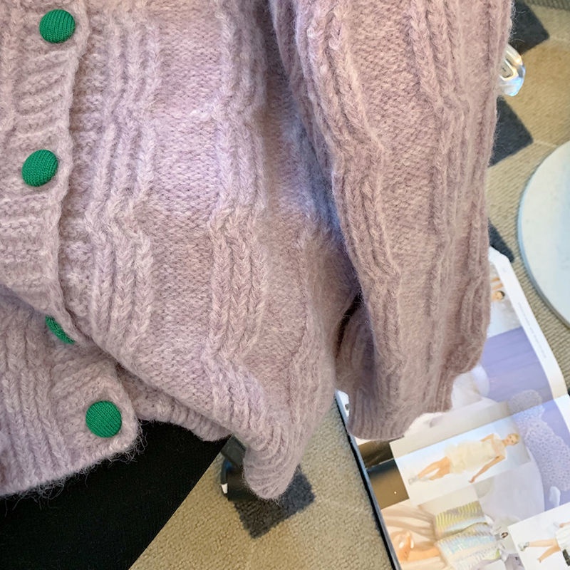 Áo Khoác Cardigan Dệt Kim Tay Dài Họa Tiết Hoa Ba Chiều Màu Tím Ngọt Ngào Thời Trang Mùa Thu Cho Nữ