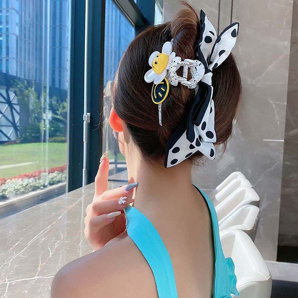 Kẹp Tóc Nơ Ruy Băng Họa Tiết Mặt Cười Chấm Bi Thời Trang Hàn Quốc Cho Nữ