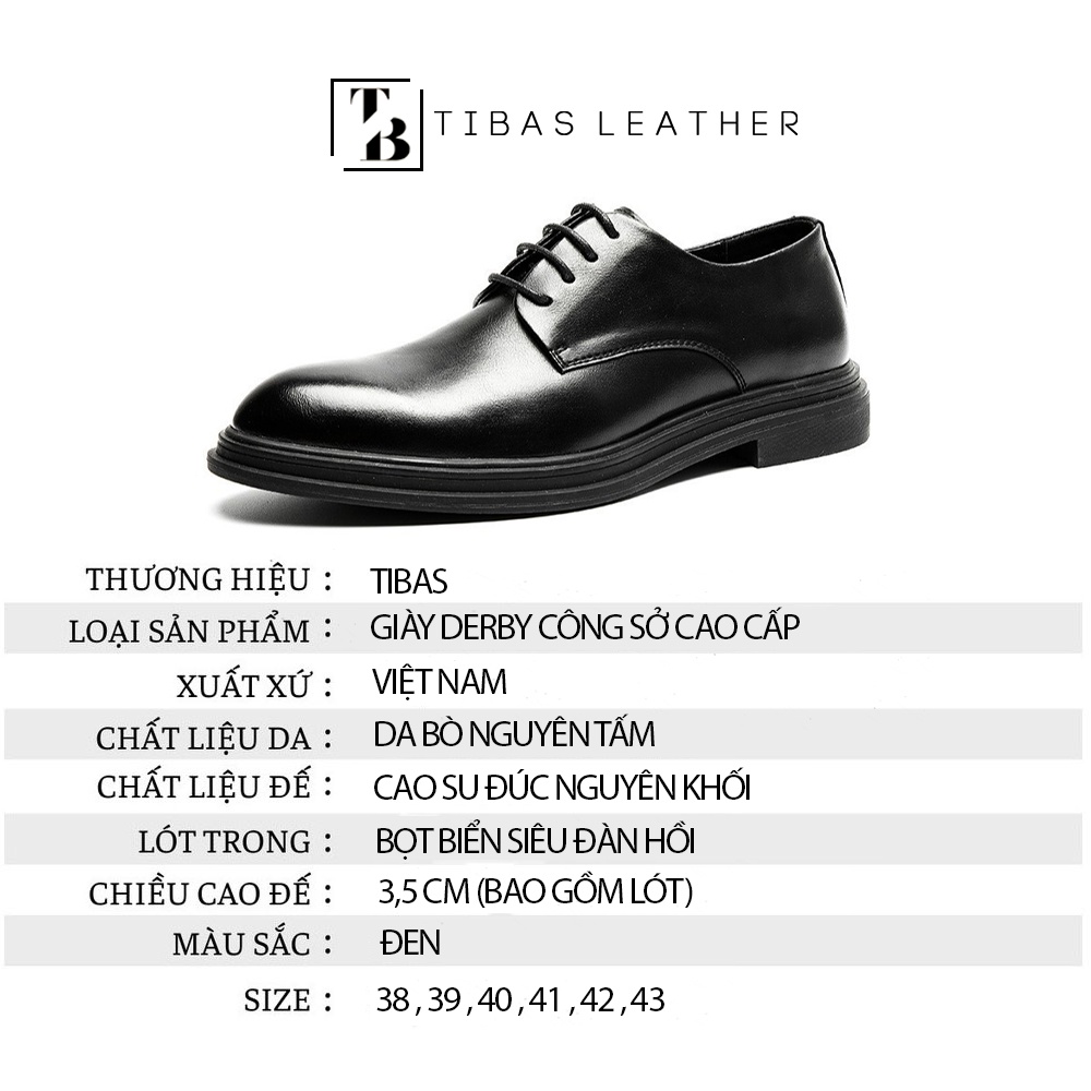 Giày Derby TIBAS Cao Cấp, Giày Tây Tăng Chiều Cao 4cm  Bảo Hành 12 Tháng