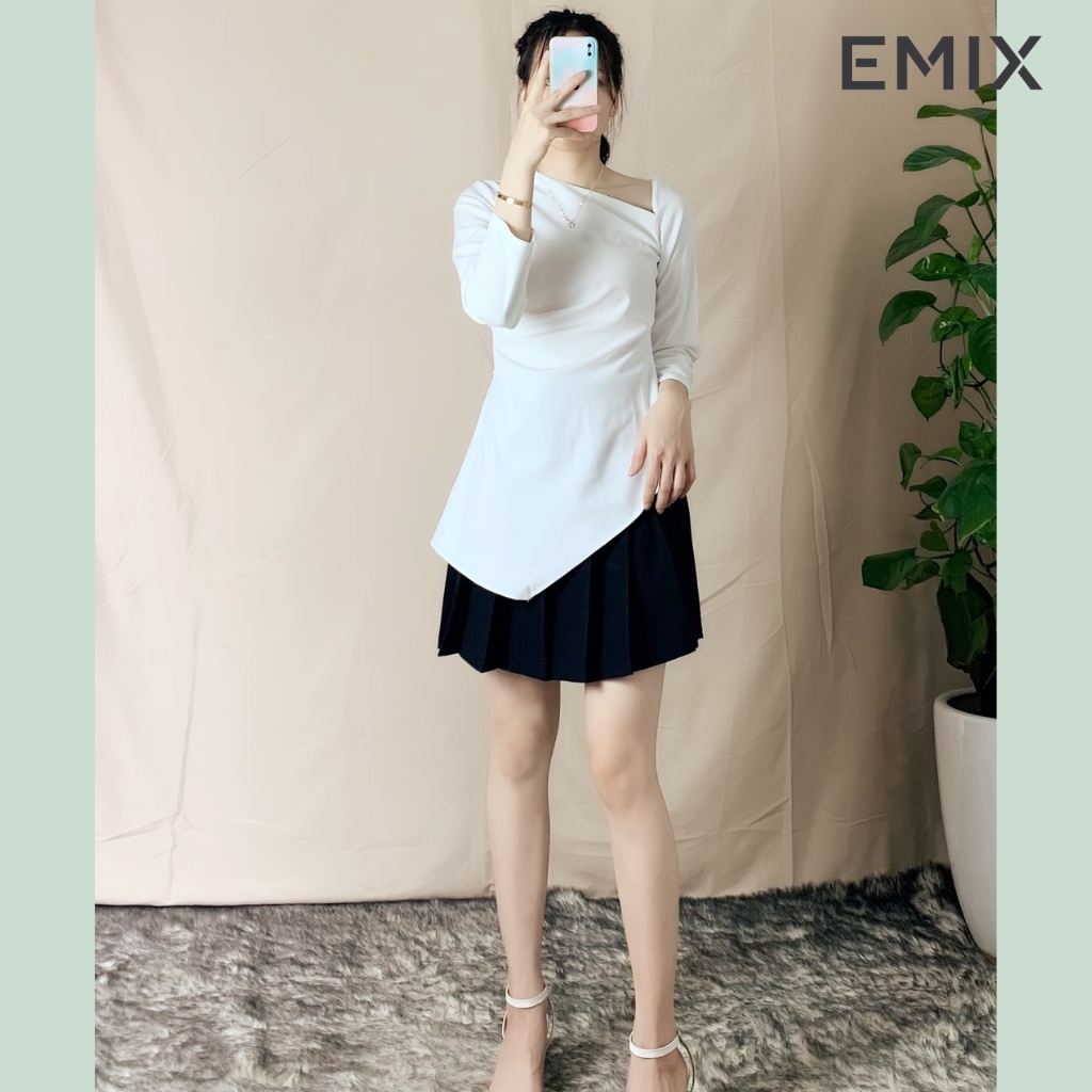 Áo lệch vai vạt chéo EMIX (màu trắng), dài tay, vạt lệch cá tính, chất thun dẻo mềm mịn, ôm eo tôn dáng