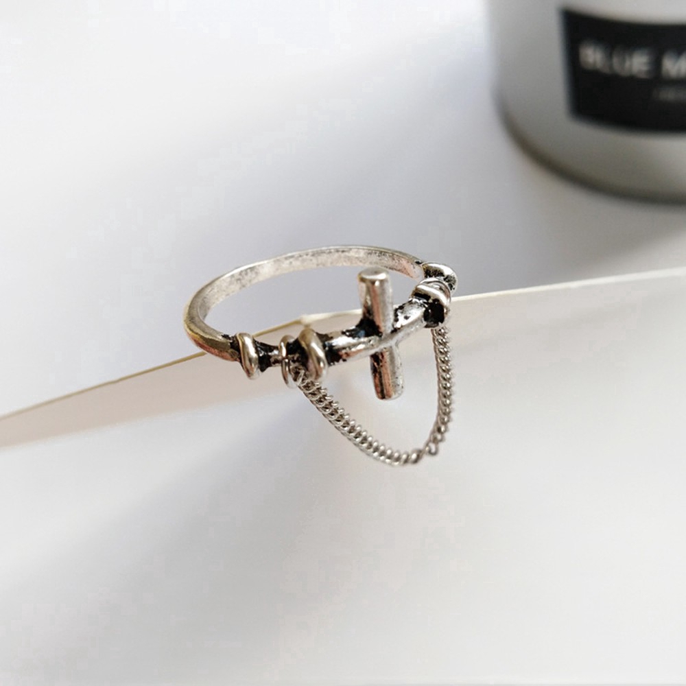 Nhẫn trang trí cây thập tự và dây xích kiểu cổ điển thời trang Hàn Quốc cho nam và nữ