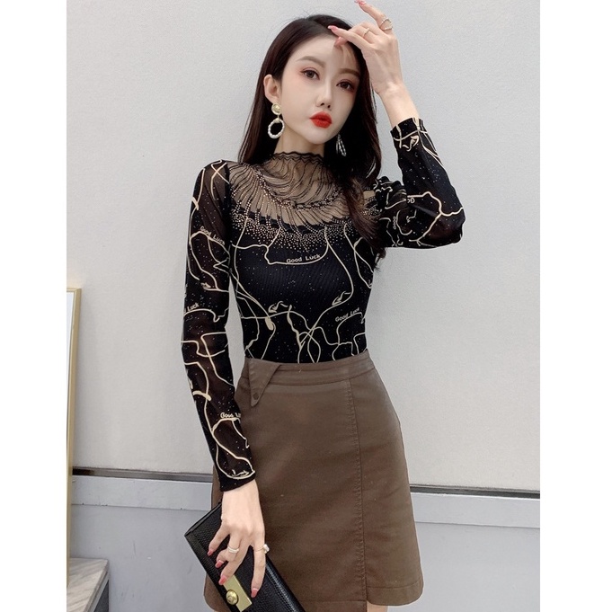 Áo Thun Nữ Dài Tay Phối Ren Lỗ Đính Đá Phong Cách Mới