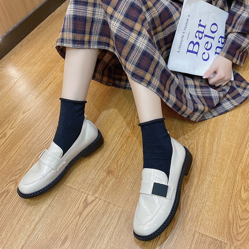 Giày Oxford Da Bóng Đế Dày Phối Khóa Kim Loại Màu Trơn Phong Cách Retro Cho Nữ