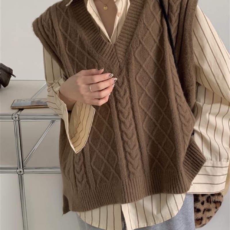 SET ÁO GILE + SƠ MI VINTAGE siêu hot - áo gile màu nâu phong cách, sơmi kẻ sọc