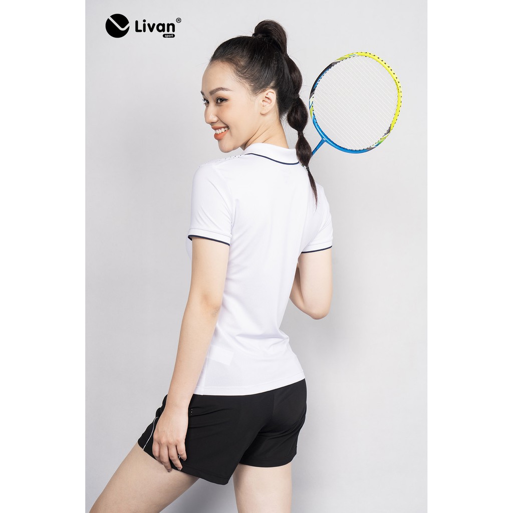 Áo Cầu Lông Nữ Livan Sport Năng Động Co Giãn Thoáng Khí Cao Cấp Chấm Xanh