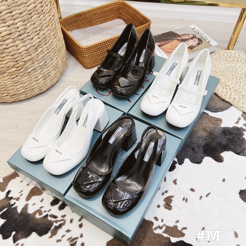 Sandal prada gót vuông mũi tròn