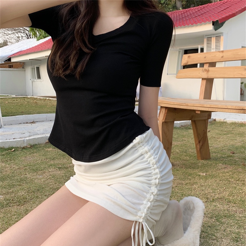SUXI Áo Thun Tay Ngắn Cổ Chữ V Màu Sắc Đơn Giản Thời Trang Mùa Hè Dành Cho Nữ
