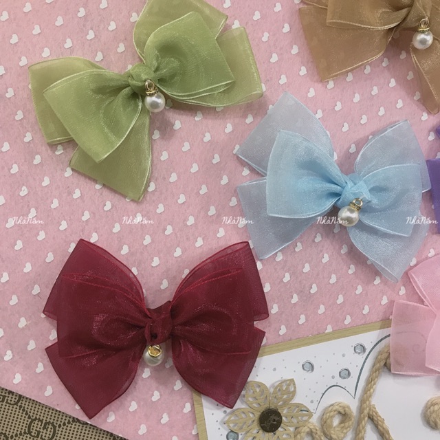 KẸP TÓC NƠ RUY BĂNG VOAN NÚT THẮT ĐÍNH HẠT P2 - [Nhà Nấm handmade]