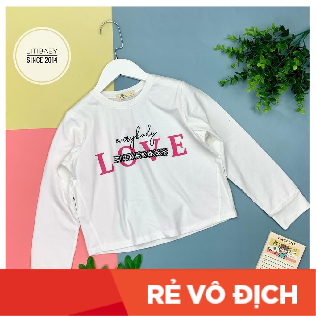 Áo cotton dài tay dáng crop top rộng ngang bé gái hình chữ Love, size 9-14T ( cho bạn 25 - 40kg)