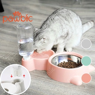 Pawblic bát ăn cho mèo bát ăn cho chó cấp nước tự động thú cưng hai ngăn đôi bát thép không gỉ có khay đựng nước khay chống trượt chống rơi