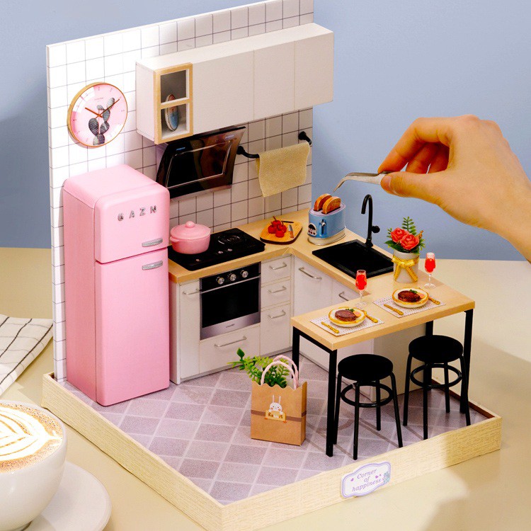 Mô hình nhà DIY Doll House Corner Of Happiness Kèm Mica chống bụi, Bộ dụng cụ và Keo dán