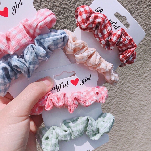 Chun cột tóc scrunchies caro nhỏ