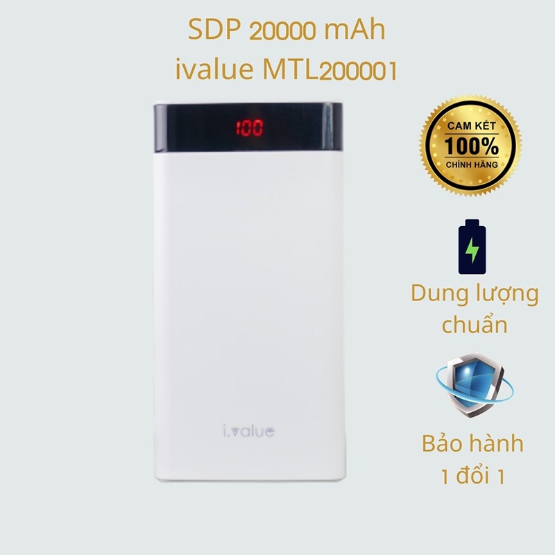 Sạc pin dự phòng 20000 mAh chính hãng ivalue 2 đầu ra 2 đầu vào. Nạp lại đơn giản bằng sạc điện thoại iphone, samsung.