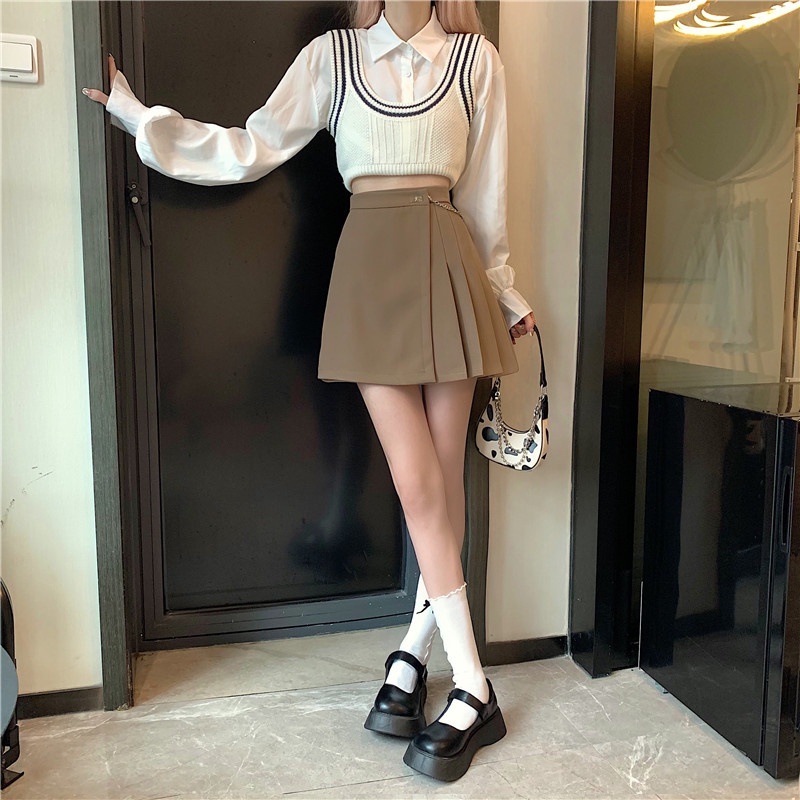 Xiaozhainv Chân váy chữ A lưng cao kiểu xếp ly phong cách Hàn Quốc trẻ trung cho nữ | BigBuy360 - bigbuy360.vn