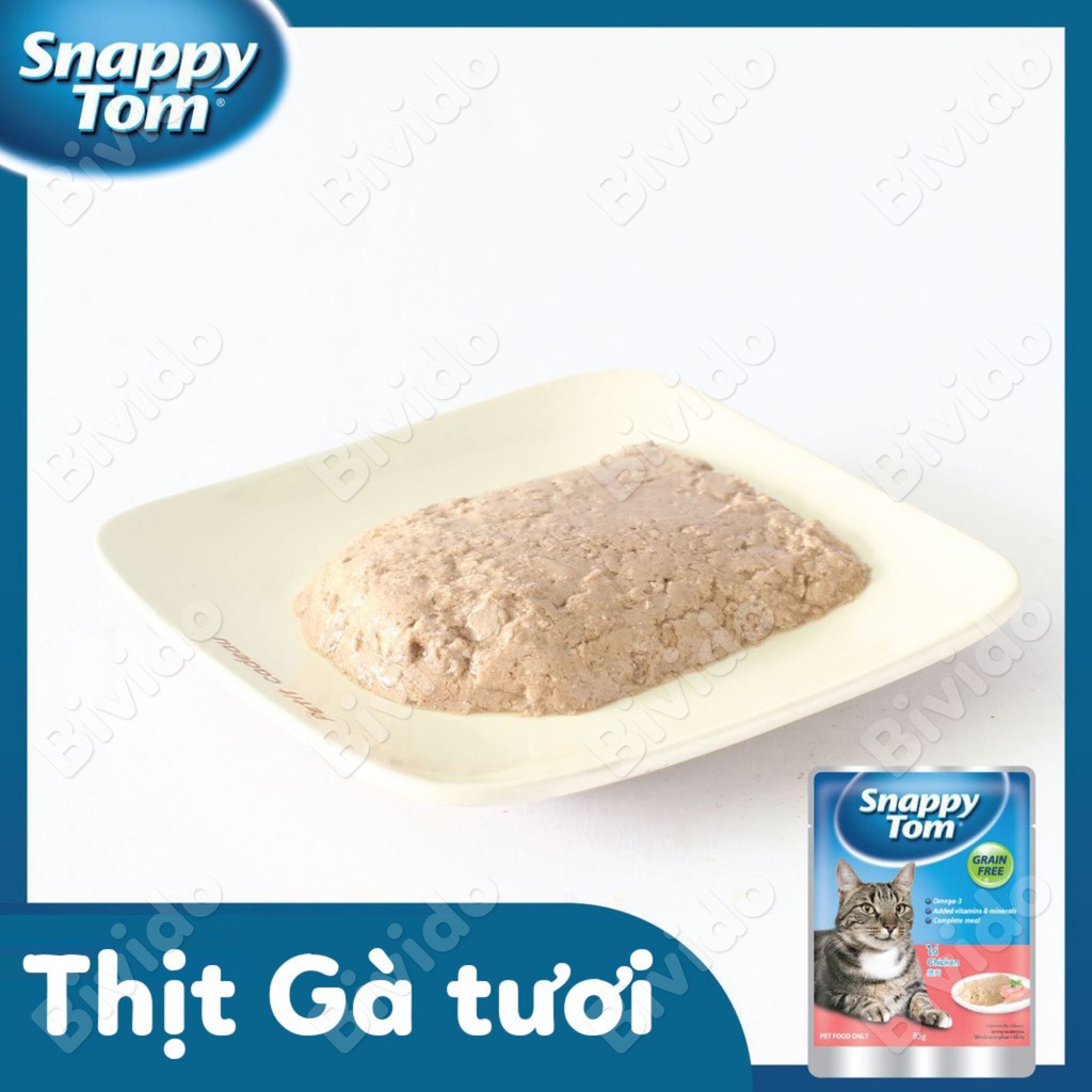 Thức ăn ướt pate mèo Snappy Tom trên 6 tháng tuổi đủ vị túi 85g - Bivido