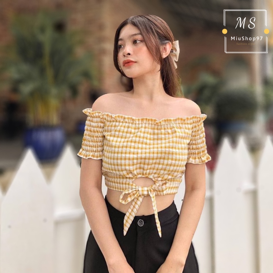 Áo Bẹt Vai Thắt Eo (CARO VÀNG)