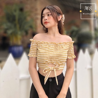 Áo Bẹt Vai Thắt Eo (CARO VÀNG)