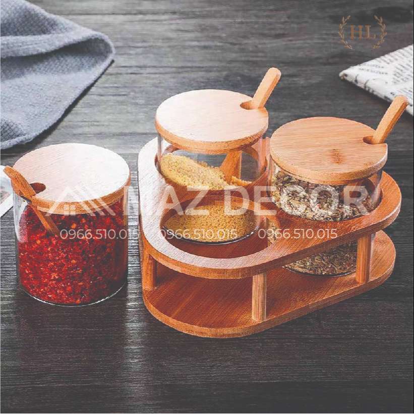 GIÁ SỈ Hũ hủ hộp đựng gia vị thủy tinh đẹp, lọ đựng gia vị cao cấp bộ đựng gia vị đẹp hộp tròn nắp gỗ kèm thìa tiện lợi