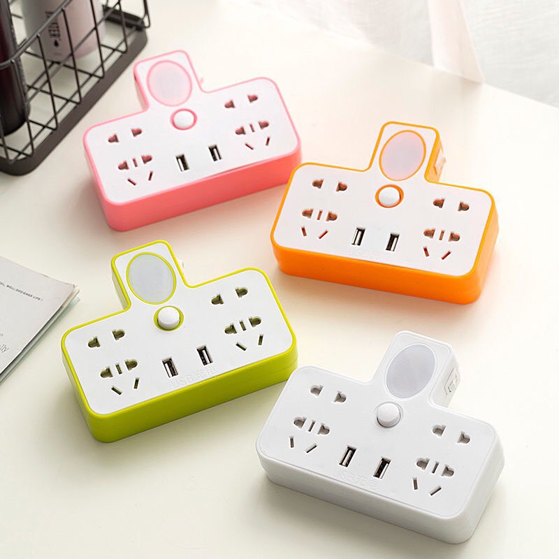 Ổ Điện Phát Sáng Hình Chữ T Có 2 Cổng Sạc USB Cho Điện Thoại, Tích Hợp Đèn Ngủ Tiện Dụng (màu ngẫu nhiên)