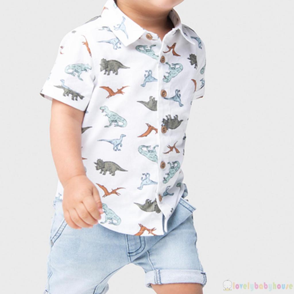 Set Đồ Mùa Hè 2 Món Gồm Áo Sơ Mi Tay Cộc In Hình Khủng Long + Quần Short Denim Xanh Dương Cho Bé Trai
