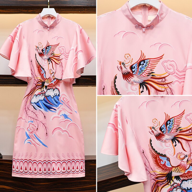 Đầm sườn xám in họa tiết hình chim phượng hoàng kích thước M-4XL phong cách cổ điển Trung Quốc