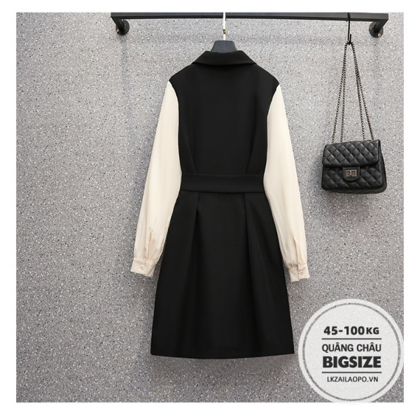 BIGSIZE Nữ (45-100kg) Đầm công sở Che Bụng Mỡ Ôm Eo cổ vest xếp ly tay dài mùa thu - Váy - Phong cách Hàn Quốc ulzzang xinh đẹp - quảng châu cao cấp