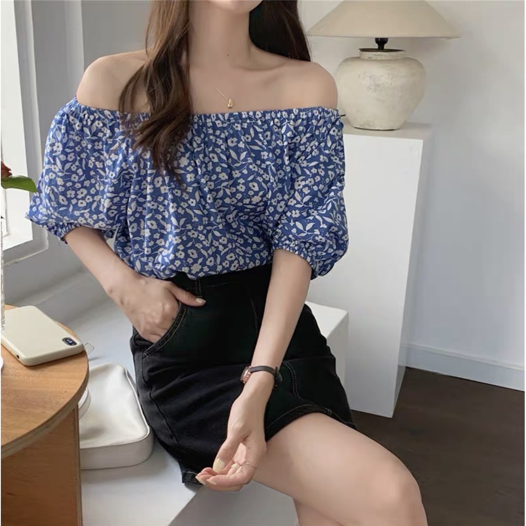 ÁO TRỄ VAI NỮ áo kiểu bệt vai họa tiết hoa lá dễ thương XONXEN SHOP freesize mã 8828